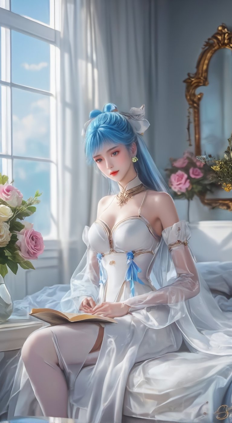 a woman in a white strapless gown, adorned with blue ribbons, is seated on a bed with a book in front of her. She is adorned with a blue bow in her blue hair, adding a pop of color to her attire. The backdrop, a vase filled with flowers, is to the right of the woman, and a window with a white curtain is behind her. To the left of her, a gold mirror is seen, adding depth to the scene. Adjacent to the mirror, a bouquet of white and pink flowers is displayed.