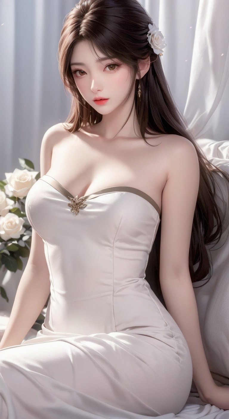 a beautiful Asian woman with long dark brown hair, wearing a white strapless dress adorned with a white rose. She is seated on a white bedspread, her left arm resting on the bedspread. Her right hand is resting on her hip, adding a touch of balance to the scene. The backdrop, adorned with white roses, is adorned with green leaves and stems, adding depth to the composition.