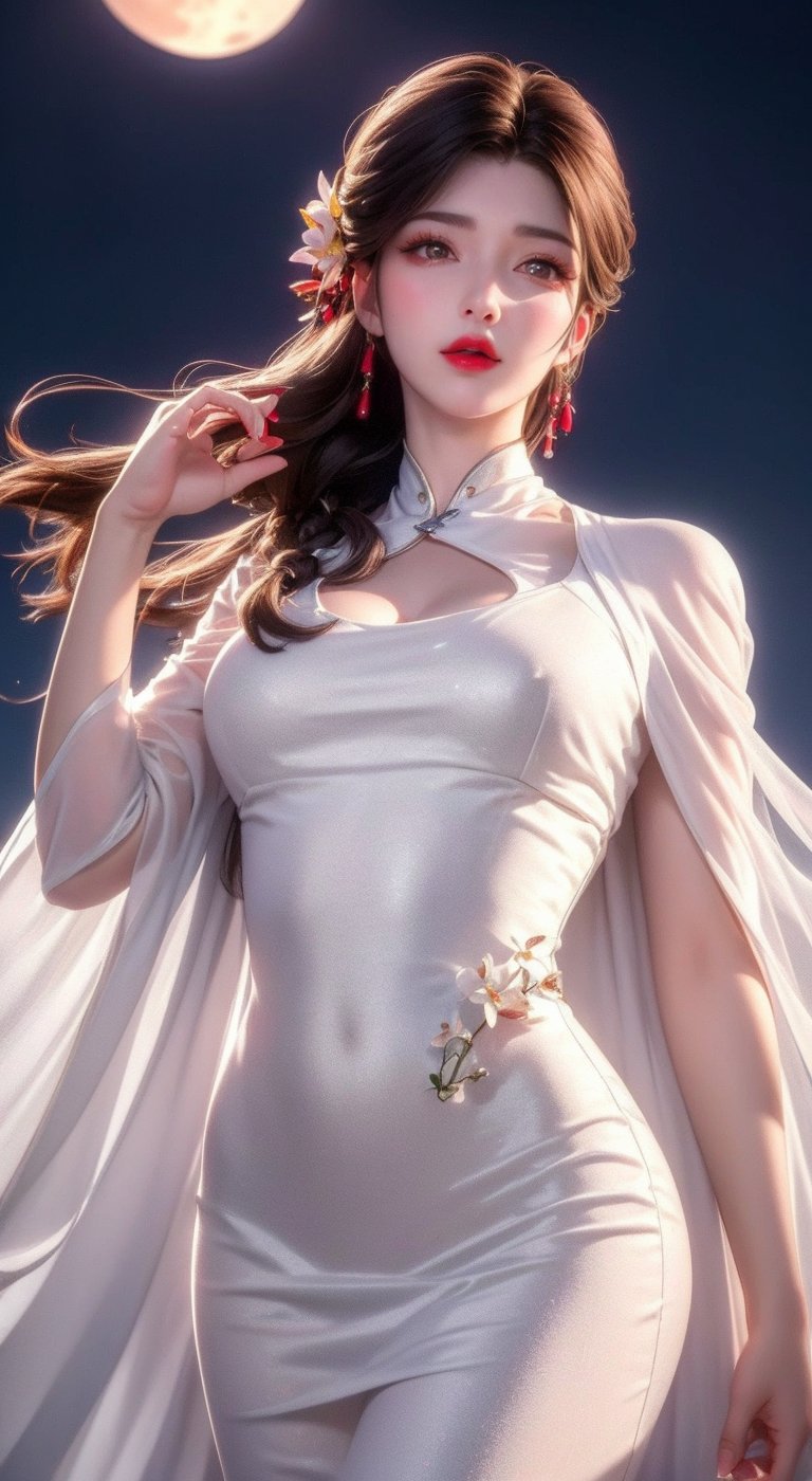 Glitter bead dress11, ((cowboy shot)), Redlip, A mature woman, cosmetics, photorealistic、real photograph、((realistically:1.5))、There are white phalaenopsis around the hair,Lilac dendrobium、white lilies、1 rapariga、Brown hair、floated hair、A plump chest, slim toned body, Charming legs, Hefty Smile, Strike elegant poses, Have extremely beautiful facial features、Hairpin on the head、perfect hand、(natta、themoon、precipice)、 vectorial art、Chinese contemporary art、gentlesoftlighting、looking-down