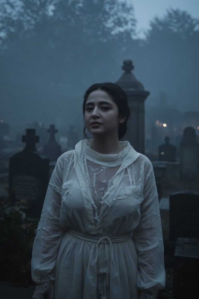 A haunting image of DePe as a ghost, standing eerily in a dimly lit, foggy graveyard. She wears a transparent, ragged white dress that flows ethereally around her ghostly form. Her expression is melancholic, with a soft, ethereal glow illuminating her face. The composition is centered, with the background blurred to emphasize her spectral presence. The lighting is soft and misty, enhancing the ghostly atmosphere.