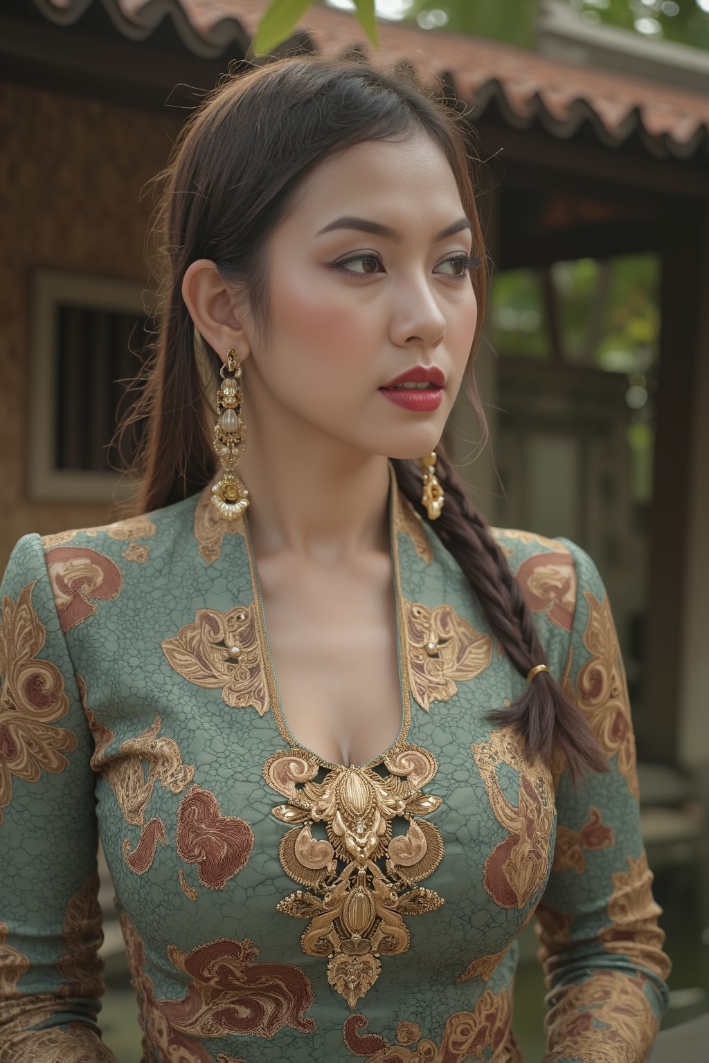 masterpice, hyper realistic, realistic lightning, Ensure that the image is photorealistic and of top-quality 8K HDR, capturing every intricate detail of the scene.Indonesian Women, standing pose, show WeeM full body, head to feet shoot, messy_ponytail, she showcases her beautiful long earrings,in the glamour kebaya, full body,mermaid tight long kebaya, flowy dramatic long kebaya,very long flor length gown, short slender women, ,sexy pose,Enhanced all,xkebayabalihan,WeeM