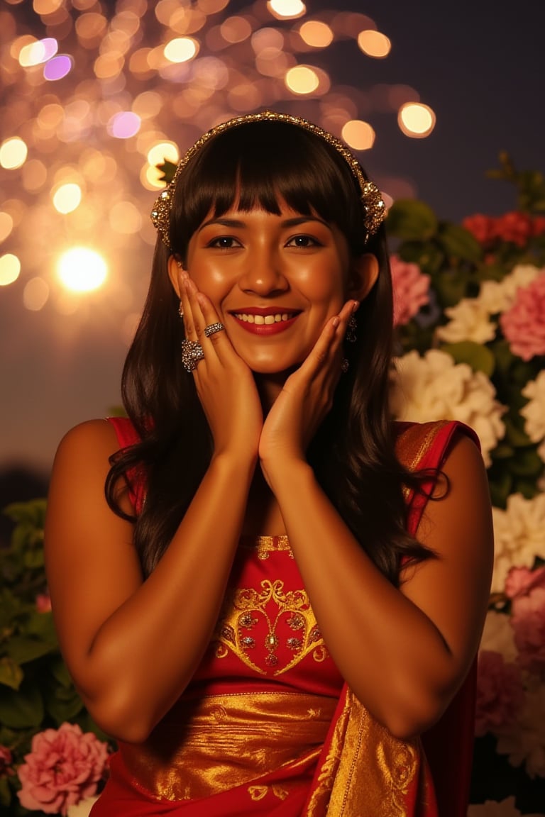 a beautiful Indian woman, dressed in a traditional red and gold saree, adorned with a gold headband. Her hair is long flowing black, adding a touch of beauty to her outfit. She is seated in front of a backdrop of white and pink flowers, her hair cascades down to her shoulders. The saree is adorned in a vibrant red and yellow pattern, with a matching gold embroidery in the center of her chest. Her bangs are adorned with silver rings, adding contrast to her attire. against a kaleidoscope backdrop of fireworks illuminating the night sky. Her bright smile radiates warmth, as she stands with hands cupped around her face, mesmerized by the twinkling lights and colorful explosions, Hasselblad 503CW with infrared film, low exposure, high contrast, ISO 400 (pushed to 800), with a 150mm telephoto lens,luh