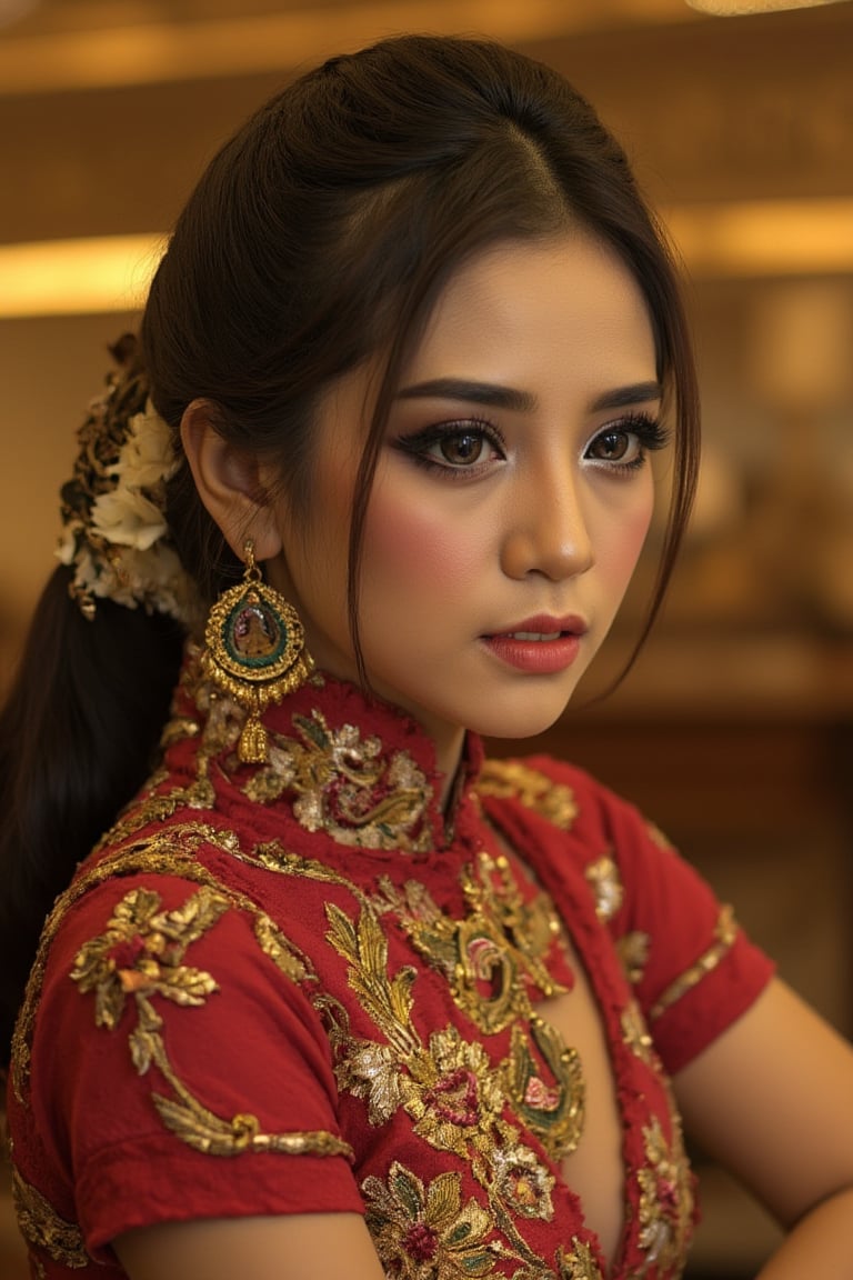 masterpice, hyper realistic, realistic lightning, Ensure that the image is photorealistic and of top-quality 8K HDR, capturing every intricate detail of the scene.Indonesian Women, standing pose, show WeeM full body, head to feet shoot, messy_ponytail, she showcases her beautiful long earrings,in the glamour kebaya, full body,mermaid tight long kebaya, flowy dramatic long kebaya,very long flor length gown, short slender women, ,sexy pose,Enhanced all,VeLo