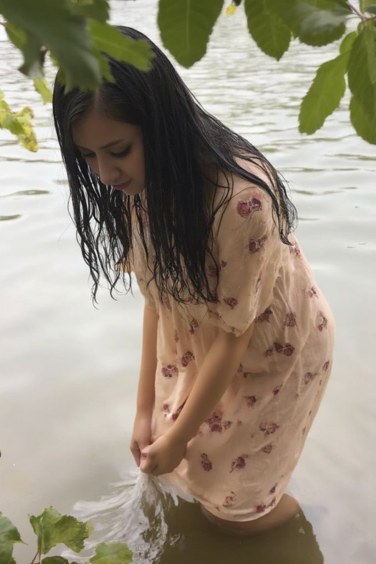 photorealistic shot of a side view of a young woman with long black hair in a wet short nightgown of light sandy color with a pattern of small maroon flowers bends knee-deep in the lake, wringing the lower part of her nightgown from the water with two hands.  The woman's head is facing the viewer. Lake water and rowan leaves are visible in the background, with several leaves in the foreground. Yellowish color correction. wet clothes, wet_hair