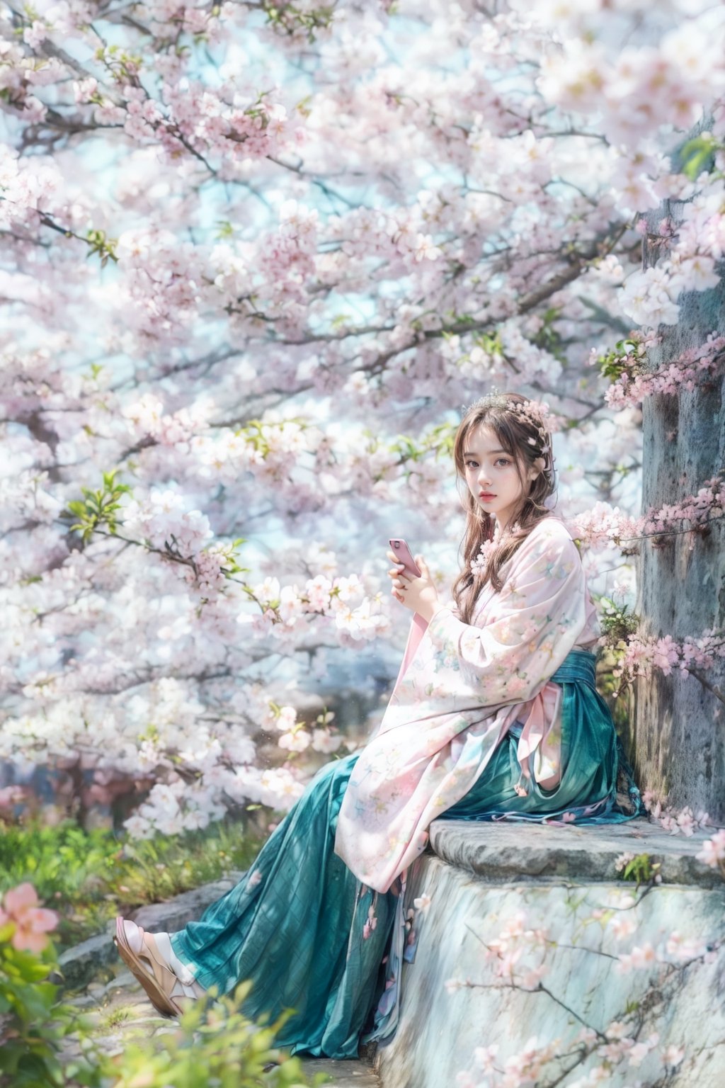 A woman in a brown dress stands under a tree and smiles at the camera. She seemed to be enjoying herself as she posed for photos. There are flowers on the trees behind you, and the whole scene is full of joyful atmosphere.