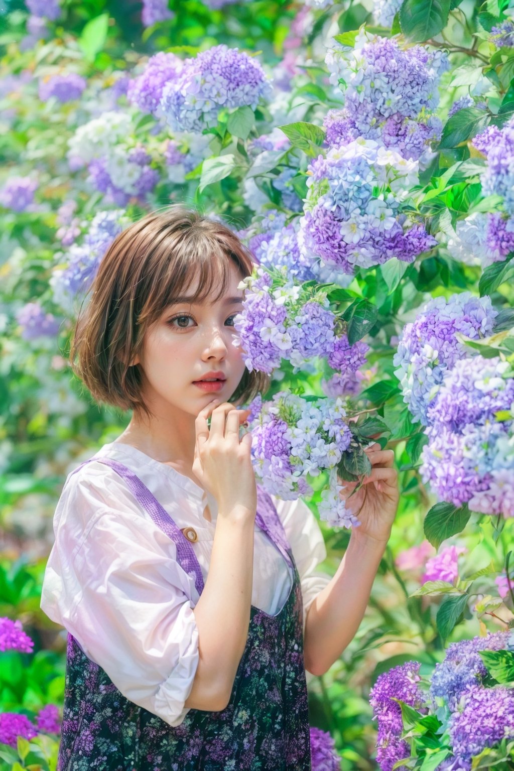 A woman with short hair stood outside, holding flowers, especially purple flowers. She wears a white shirt and a black apron. Natural atmosphere.