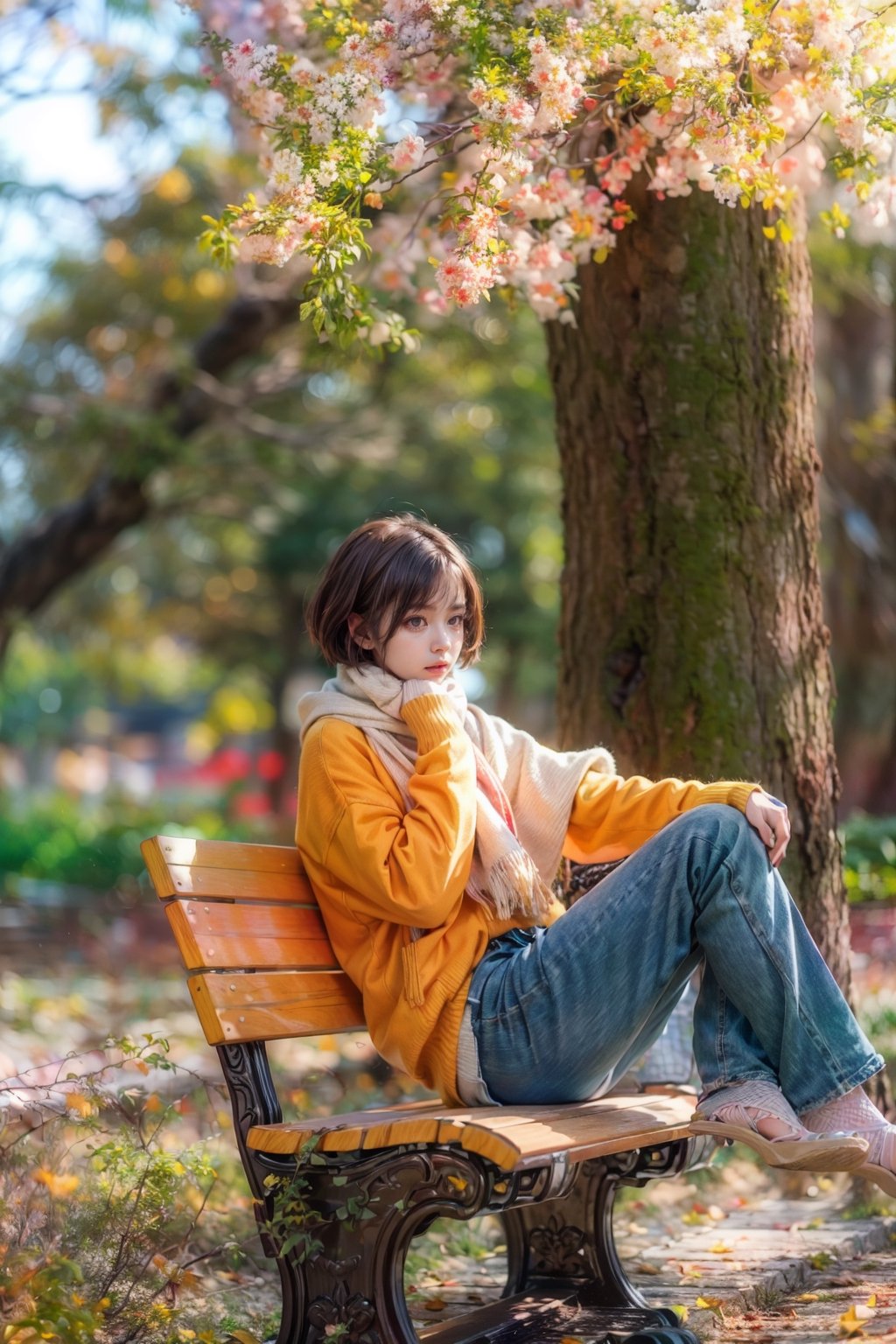 A woman in a brown dress stands under a tree and smiles at the camera. She seemed to be enjoying herself as she posed for photos. There are flowers on the trees behind you, and the whole scene is full of joyful atmosphere.