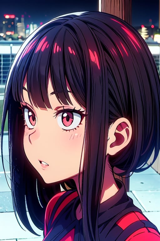 megumi_fushiguro, black hair, girly_clothing, defiant look, sitting on a dark stone, tokyo background ,looking straight, anime style draw, more detail XL, black eyes, anime_screencap,Beautiful Eyes, spiked hair,illustration,1girl, anime style, wide shot, (Red borders as details on clothing).