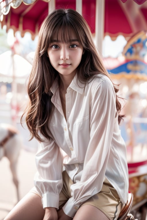 background is amusement park,
18 yo, 1 girl, beautiful indian girl,
wearing white collared long sleeve shirts,short pants, smile,riding a merry-go-round, solo, {beautiful and detailed eyes}, dark eyes, calm expression, delicate facial features, ((model pose)), Glamor body type, (dark hair:1.2), very_long_hair, hair past hip, bangs, straight hair, flim grain, realhands, masterpiece, Best Quality, 16k, photorealistic, ultra-detailed, finely detailed, high resolution, perfect dynamic composition, beautiful detailed eyes, eye smile, ((nervous and embarrassed)), sharp-focus, full_body, cowboy_shot,