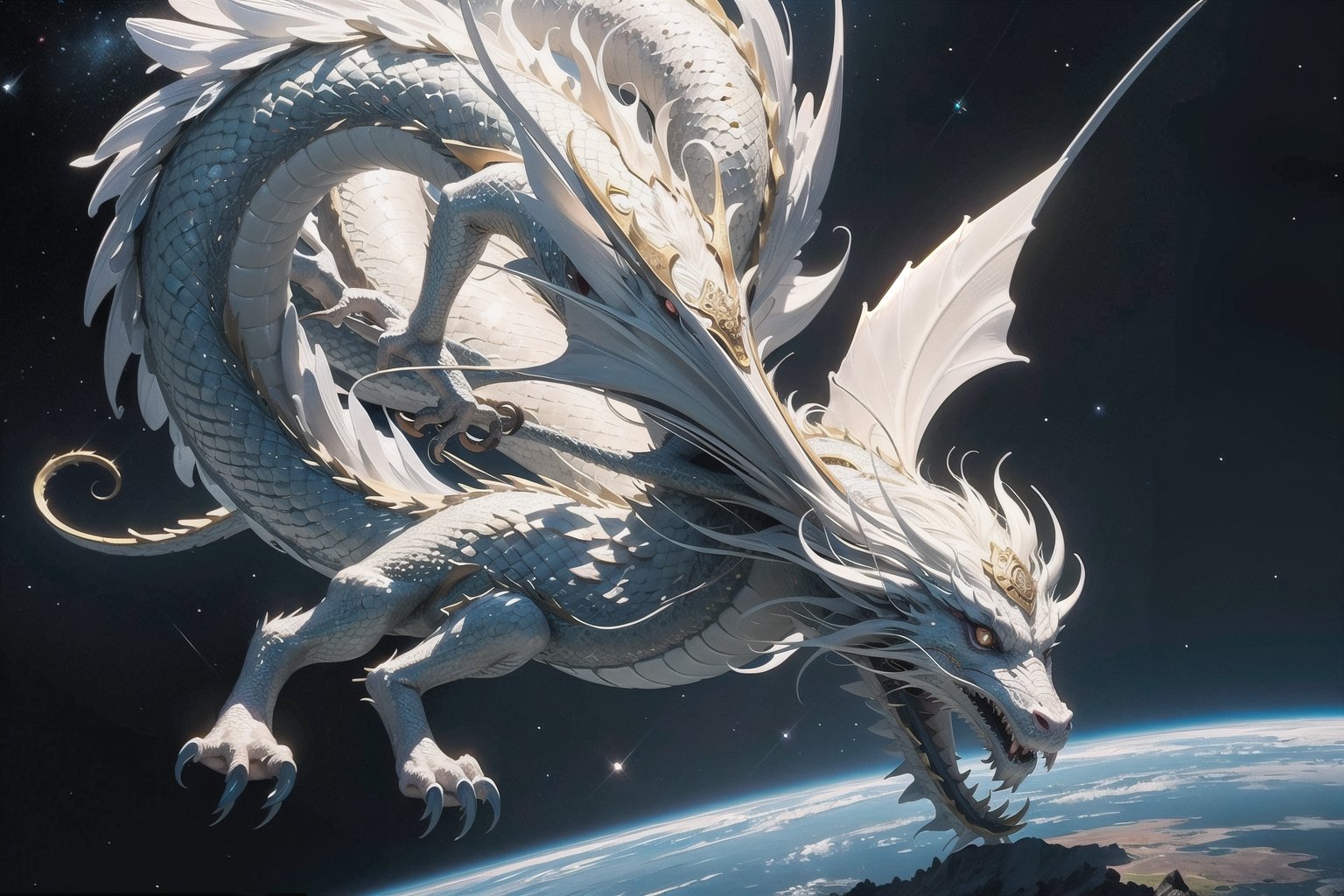 (masterpiece), science fiction, a yin yang formed by 2 dragons, the first dragon is colorful and made of crystals, the second dragon is white and has ivory scales,dragon, space and stars in background with a black hole in distance
,long