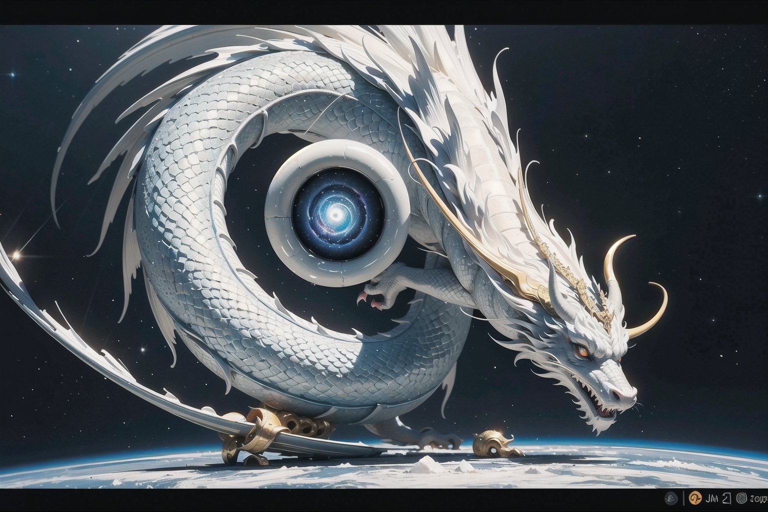 (masterpiece), science fiction, a yin yang formed by 2 dragons, the first dragon is colorful and made of crystals, the second dragon is white and has ivory scales,dragon, space and stars in background with a black hole in distance
,long