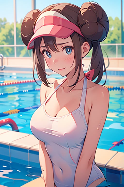 swimsuit , in public SWIMMING pool , ( embarrassed , shy ) , BREAK , score_9, score_8_up, score_7_up, score_6, score_5, score_4, ( masterpiece , ultra Detailed ) , Rosa_(Pokemon) Cute
