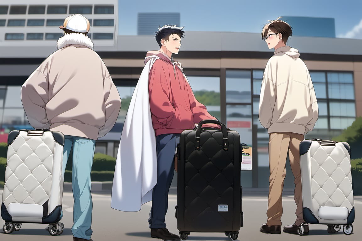 score_9, score_8_up, score_7_up,source_anime, (High quality, anime, extreme details, exquisite light and shadow, 8K, best quality), wide shot, BREAK, 3boys, travel, happy, 3 Luggage, background is (park, ), time is (noon), no text, BREAK,
black hair, male focus, outdoors, multiple boys,  day, building, scenery, city,