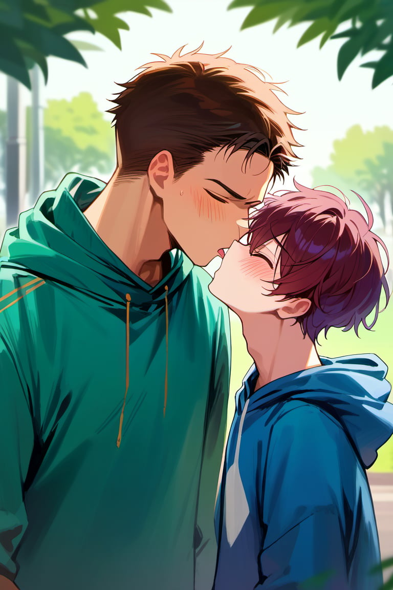 score_9, score_8_up, score_7_up,source_anime, (High quality, anime, extreme details, exquisite light and shadow, 8K, best quality), view from size, BREAK, 2boy,  yaoi, (size difference:1), kiss, BREAK, (1boy, hoodie, dark red hair, hair cover eyes, shocked, blush, forced to kiss, shorter), next to (1guy, tall, dark brown hair, closed eyes, short hair, handsome, casual shirt, kiss, taller), background is (park, under tree), time is (noon), no text,