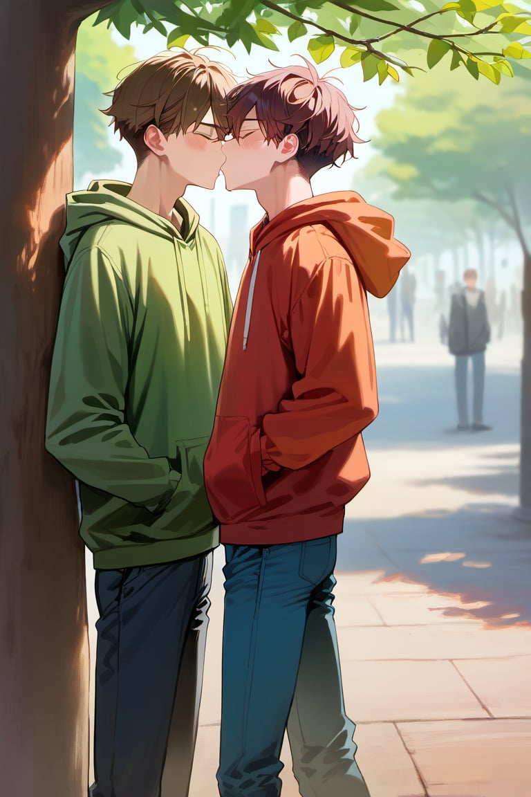 score_9, score_8_up, score_7_up,source_anime, (High quality, anime, extreme details, exquisite light and shadow, 8K, best quality), view from size, BREAK, 2boy,  yaoi, (size difference:1.2), kiss, BREAK, (1boy, hoodie, (put on the hoodie's hat:1.2), dark red hair, hair cover eyes, shocked, blush, forced to kiss, shorter), next to (1guy, tall, brown hair, closed eyes, short hair, handsome, casual shirt, kiss, taller), background is (park, under tree), time is (noon), no text,