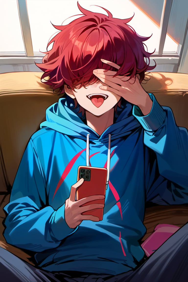 score_9, score_8_up, score_7_up,source_anime, (High quality, anime, extreme details, exquisite light and shadow, 8K, best quality), view from front, BREAK, 1boy, solo focus, ((1boy, hoodie, hoodie hat, (dark red hair), hair covering eyes, sinister smile, open mouth, tongue out, lying on sofa, skinny, holding a smartphone, cool, )) 