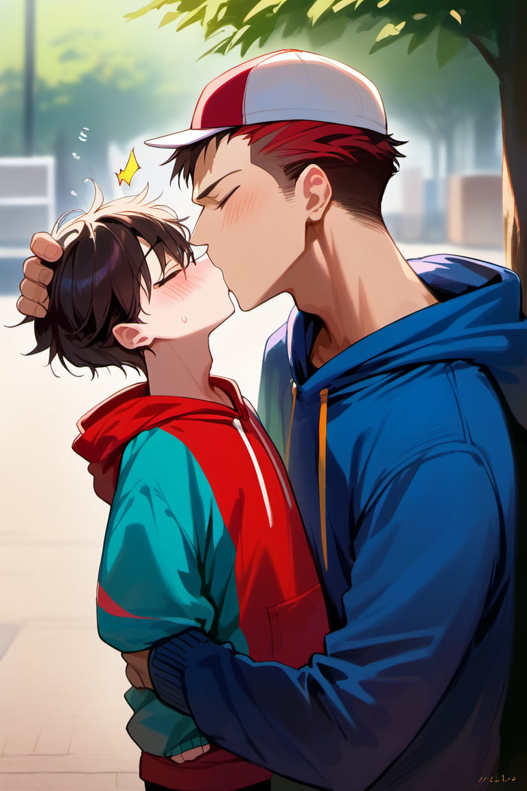 score_9, score_8_up, score_7_up,source_anime, (High quality, anime, extreme details, exquisite light and shadow, 8K, best quality), view from size, BREAK, 2boy,  yaoi, (size difference:1.3), kiss, BREAK, (1boy, hoodie, (put on the hoodie's hat:1.4), dark red hair, hair cover eyes, shocked, blush, forced to kiss, shorter), next to (1guy, tall, dark brown hair, closed eyes, short hair, handsome, casual shirt, kiss, taller), background is (park, under tree), time is (noon), no text,