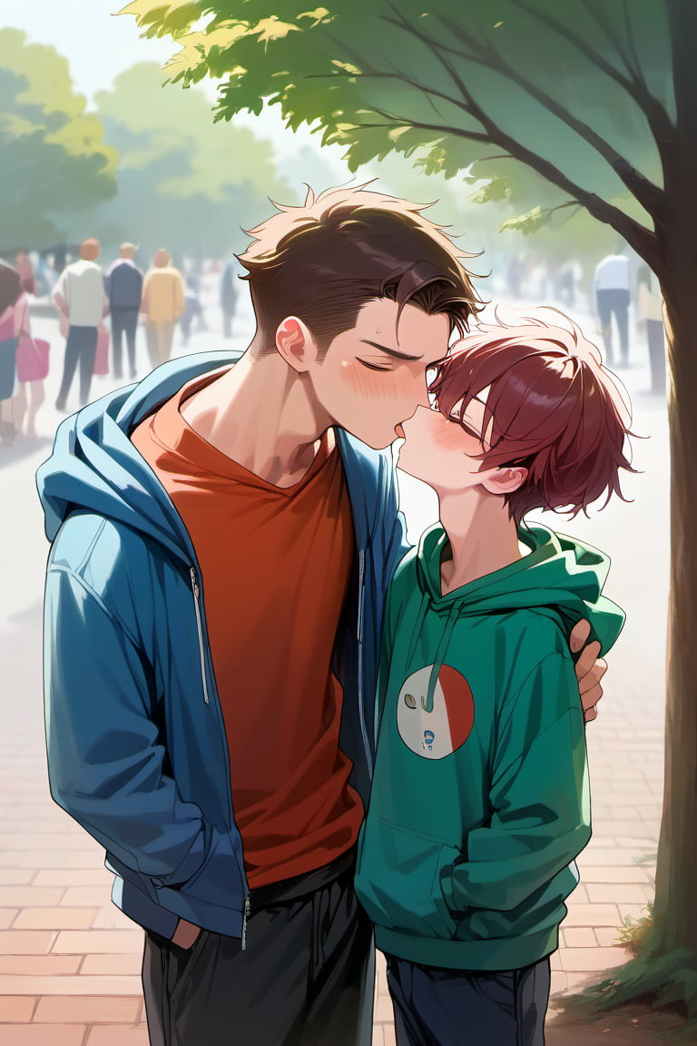 score_9, score_8_up, score_7_up,source_anime, (High quality, anime, extreme details, exquisite light and shadow, 8K, best quality), (view from front:1.5), BREAK, 2boy,  yaoi, (size difference:1.2), kiss, BREAK, (1boy, hoodie, (put on the hoodie's hat:1.2), dark red hair, hair cover eyes, shocked, blush, forced to kiss, shorter), next to (1guy, tall, brown hair, closed eyes, short hair, handsome, casual shirt, kiss, taller), background is (park, under tree), time is (noon), no text,