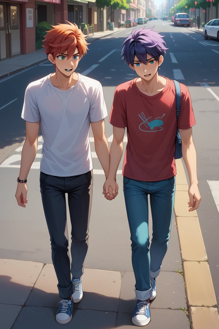 score_9, score_8_up, score_7_up,source_anime, (High quality, anime, extreme details, exquisite light and shadow, 8K, best quality), view from front, BREAK, 2boys, background is (street),holding hands,yaoi,man