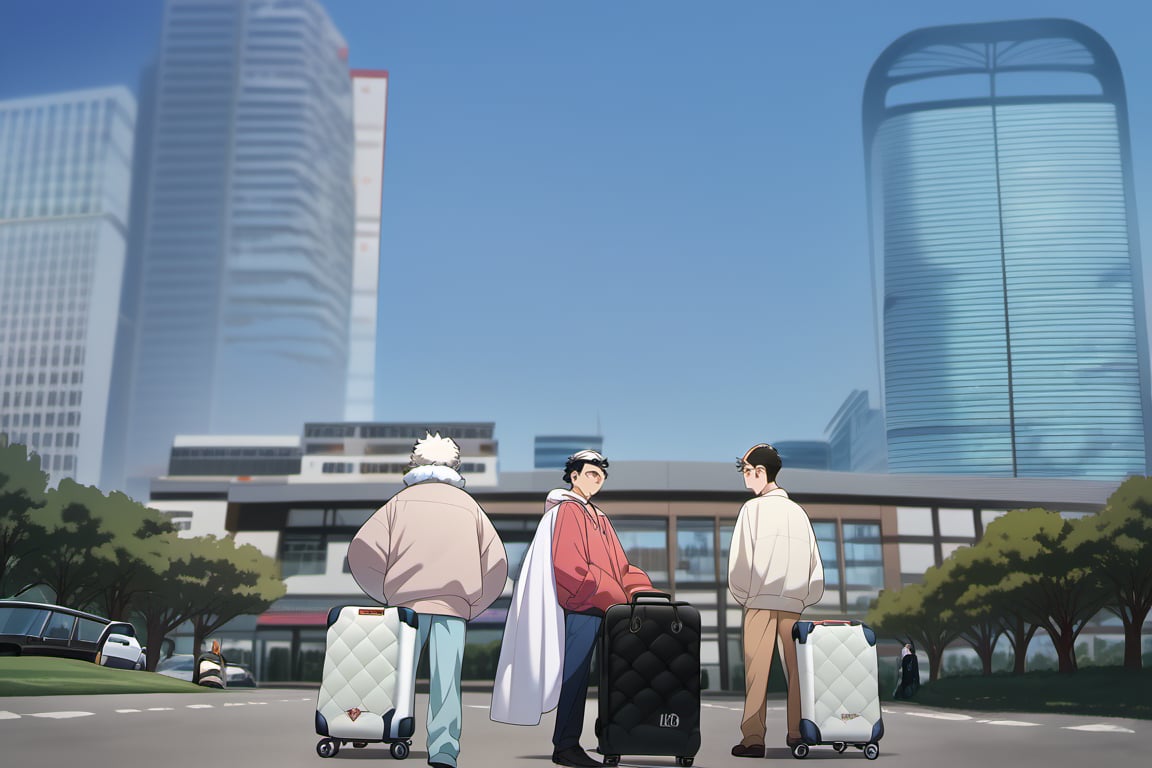 score_9, score_8_up, score_7_up,source_anime, (High quality, anime, extreme details, exquisite light and shadow, 8K, best quality), wide shot, BREAK, 3boys, travel, happy, 3 Luggage, background is (park, in front of Tokyo Station), time is (noon), no text, BREAK,
black hair, male focus, outdoors, multiple boys, sky, day, tree, blue sky, building, scenery, city,