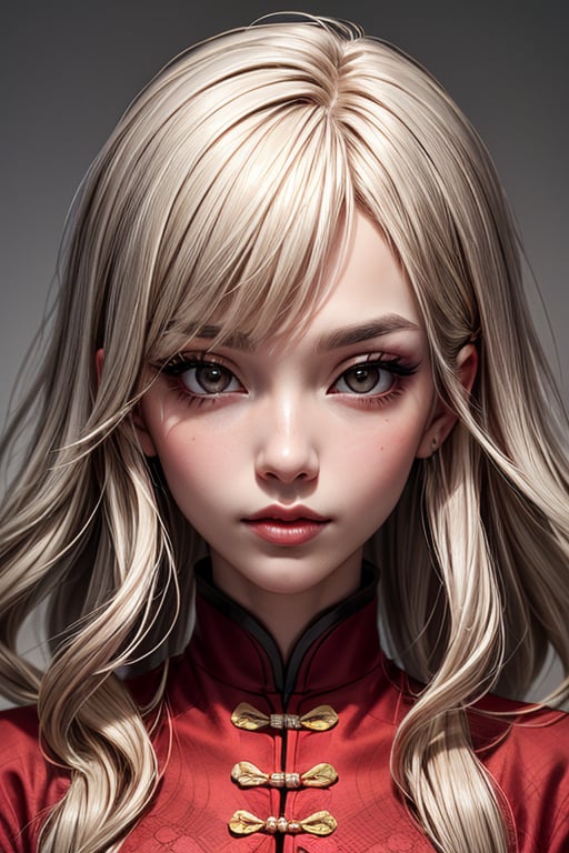 wavy mid-back platinum blonde hair, hime bangs, monolid brown eyes, long eyelashes, Black eyebrows, oval-shaped face, slender gracefully contoured jawline, smooth skin, button nose, full lips, chinese beauty, headshot_portrait,portraitart,masterpiece