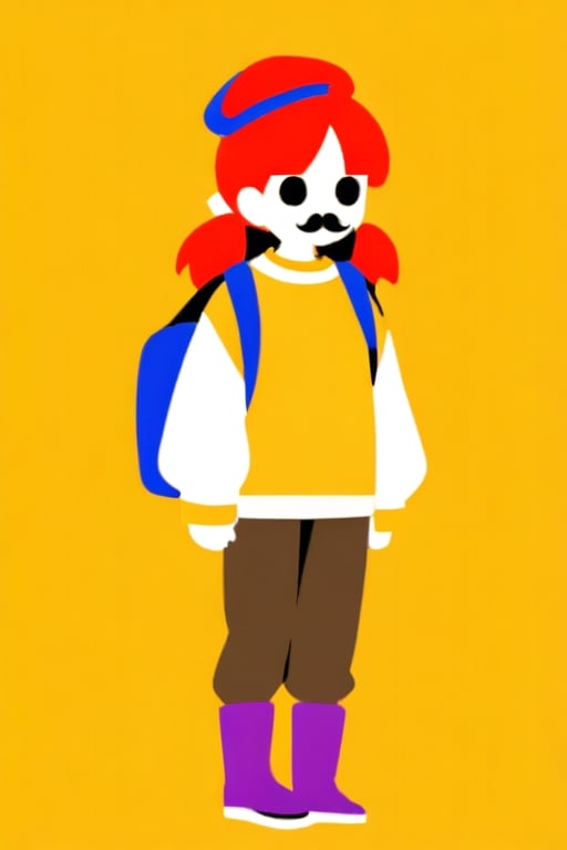 girl, 12 years old, redhead, with hair tied in 2 ponytails, with a beret, black eyes, with a blue backpack, with a yellow t-shirt, with loose brown pants, with purple boots, with a brown beret cap with a red mustache.

masterpiece, perfec draw,Flat vector art