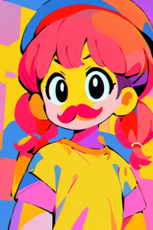 girl, 12 years old, redhead, with hair tied in 2 ponytails, with a beret, black eyes, with a blue backpack, with a yellow t-shirt, with loose brown pants, with purple boots, with a brown beret cap with a red mustache.

masterpiece, perfec draw,Flat vector art