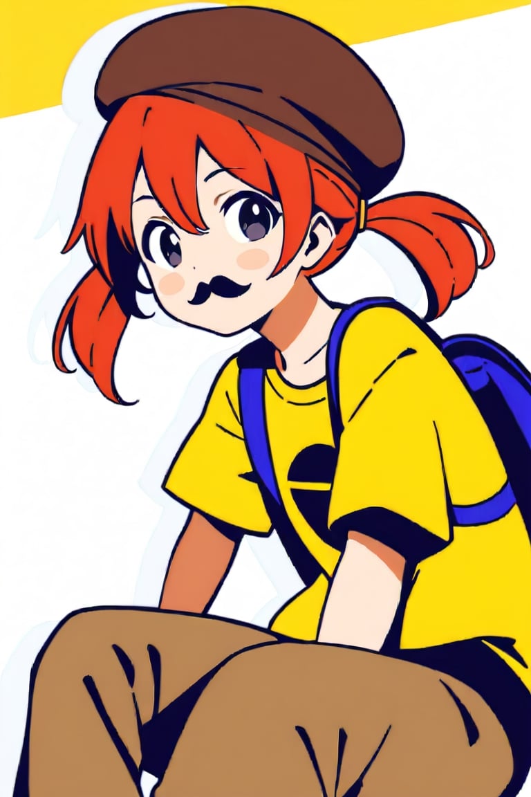 girl, 12 years old, redhead, with hair tied in 2 ponytails, with a beret, black eyes, with a blue backpack, with a yellow t-shirt, with loose brown pants, with purple boots, with a brown beret cap with a red mustache.

masterpiece, perfec draw,Flat vector art,niji6,Leonardo Style