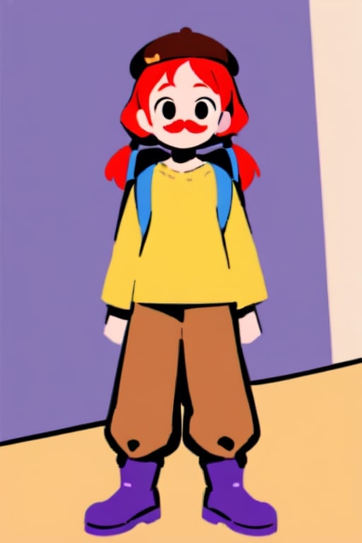 girl, 12 years old, redhead, with hair tied in 2 ponytails, with a beret, black eyes, with a blue backpack, with a yellow t-shirt, with loose brown pants, with purple boots, with a brown beret cap with a red mustache.

masterpiece, perfec draw,Flat vector art