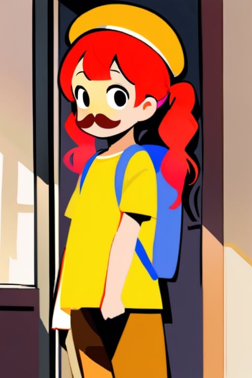 girl, 12 years old, redhead, with hair tied in 2 ponytails, with a beret, black eyes, with a blue backpack, with a yellow t-shirt, with loose brown pants, with purple boots, with a brown beret cap with a red mustache.
masterpiece, perfec draw,Flat vector art