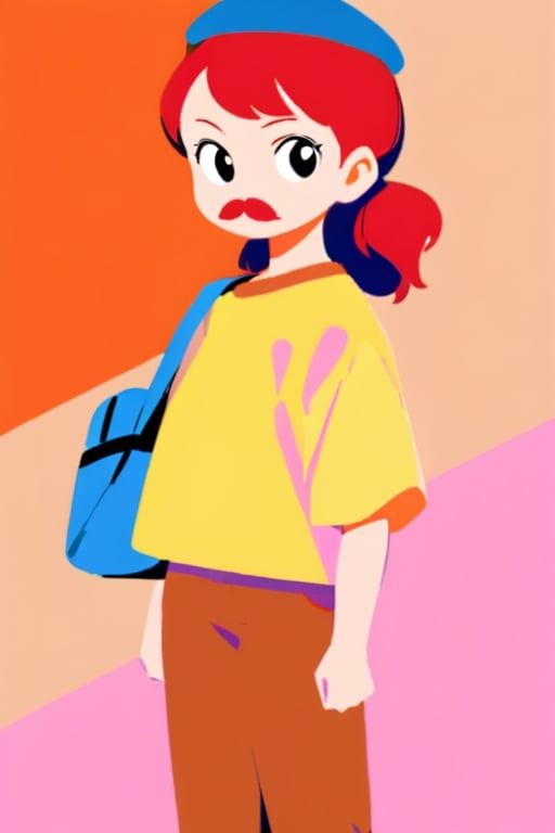 girl, 12 years old, redhead, with hair tied in 2 ponytails, with a beret, black eyes, with a blue backpack, with a yellow t-shirt, with loose brown pants, with purple boots, with a brown beret cap with a red mustache.

masterpiece, perfec draw,Flat vector art