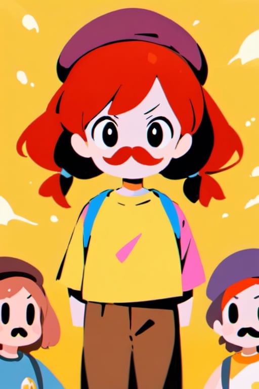 girl, 12 years old, redhead, with hair tied in 2 ponytails, with a beret, black eyes, with a blue backpack, with a yellow t-shirt, with loose brown pants, with purple boots, with a brown beret cap with a red mustache.

masterpiece, perfec draw,Flat vector art