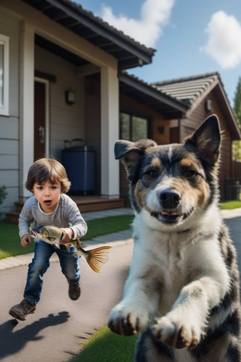 realistic dog chased by a poor 4 year old boy, dog holding a cooked fish, complicated_background, detailed texture, 24mm, wide shot, 8k photo, LinkGirl,Cnd, cinematic, 
 realistic high contrast