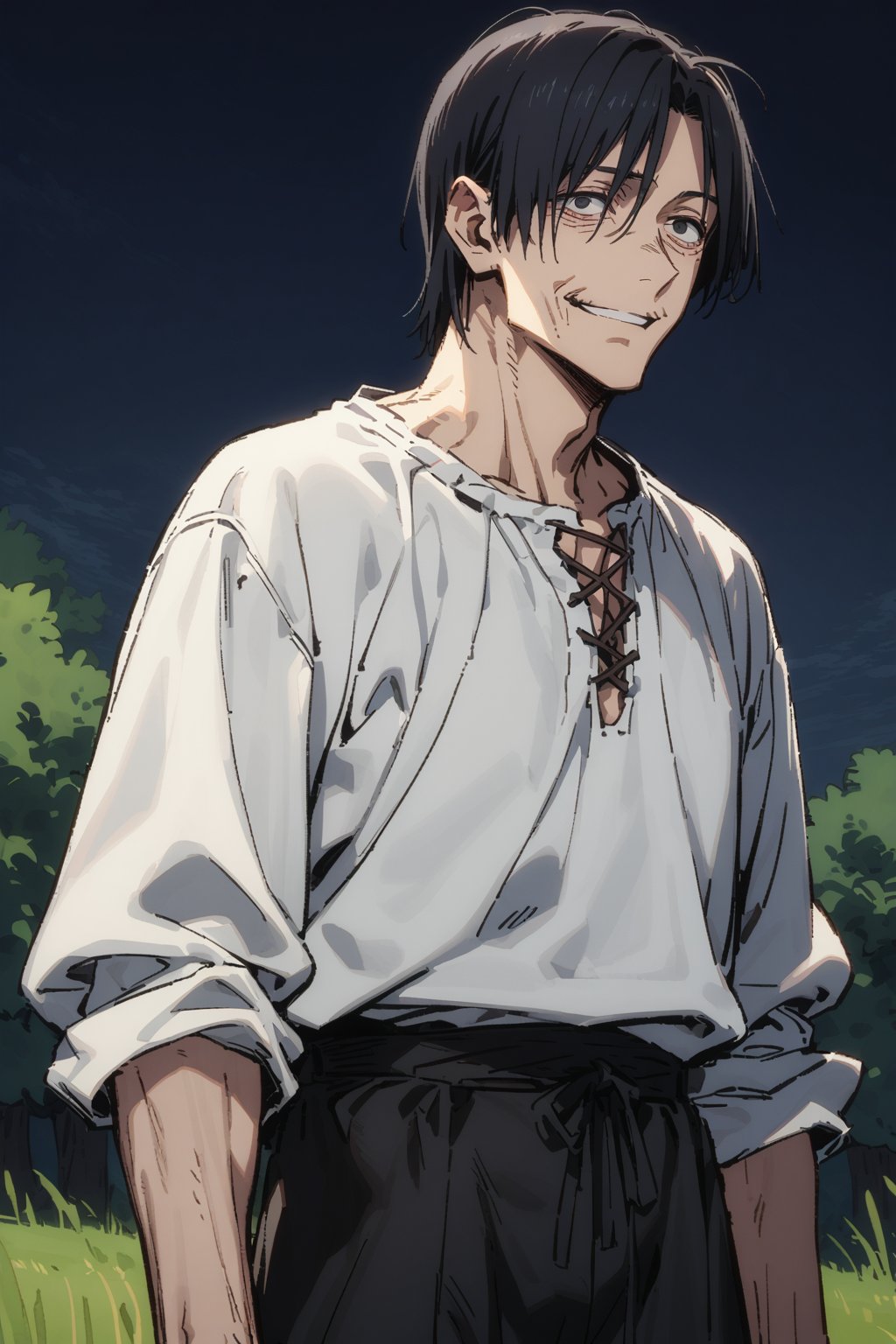 Older man 40 years old, peasant, appearance: (thin), (emaciated), (dark circles) (beaten) (short black hair), (white shirt) (black cloth pants), ((expression a slight smile), outside grass , trees, dark sky.