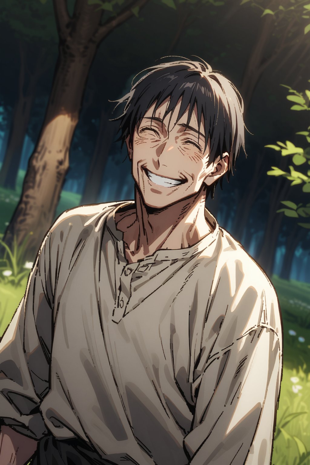 Older man 40 years old, peasant, appearance: (thin), (emaciated), (dark circles) (beaten) (short black hair), (white shirt) (black cloth pants), happy and relieved expression, outside grass, trees , dark sky.