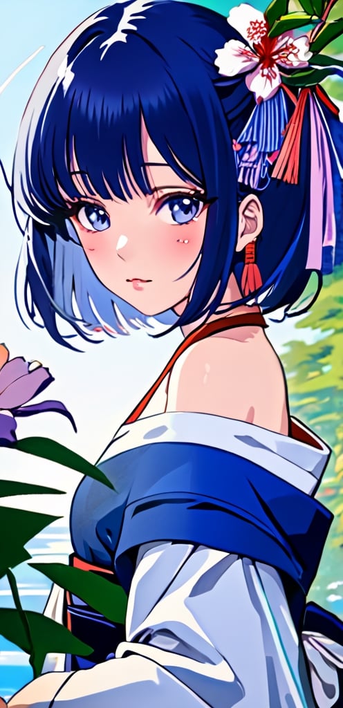 masterpiece, uhd, 8k,, ((ukiyoe style)), ((((masterpiece)))), (((best quality))), (illustration),(1girl:1.5),(solo:1.5), ((an extremely delicate and beautiful)), ((little girl)) , cute, ((hime_cut)), side blunt bangs,(ultramarine hair:1.2), hairs between eyes, ribbons, Bracelet , bare shoulders,((japanese_clothes)),  ((slit pupils)), ((miko)), (off_shoulder), sakura tree, on park, flower petal, floating,Extremely Realistic,1 girl, 