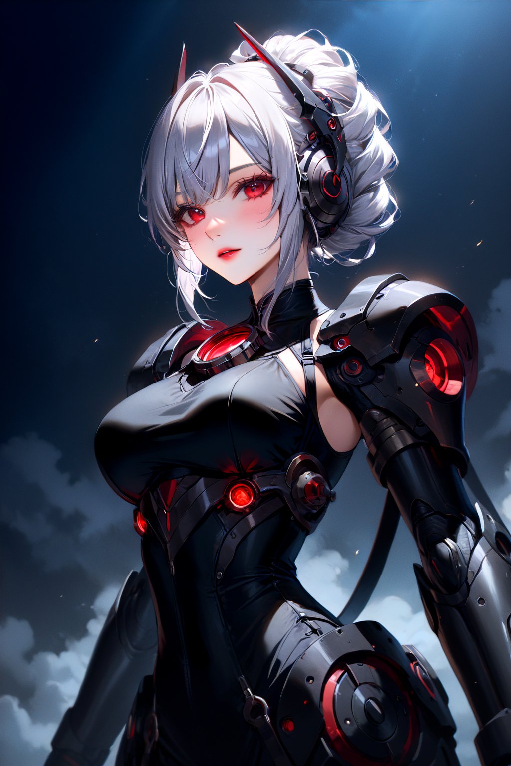 (masterpiece,ultra detailed,high-quality,8k,professional,UHD,)Gothic theme, dark theme, gothic makeup,hair ornaments, long white hair,(blunt  bangs, curly hair,twin ponytails),red eyes,ruby-like eyes , A  girl,, albino demon princess, with an evil mechanical body exudes an eerie beauty. Her pale skin , glowing red eyes. ,sad, mechanical arms