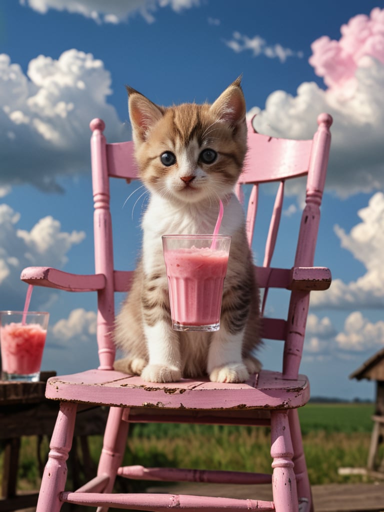 Film lighting,  A cute kitten sits on an old-fashioned wooden rocking chair,  leisurely holding a cup of pink drink. Behin...