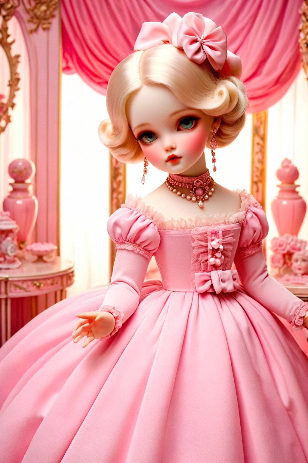 (white porcelain)  doll，A blonde female character, dressed in pink, sits in an indoor environment filled with pink tones. Her clothing design has a retro element, and the bow decoration on her head adds a bit of cuteness. The room is decorated with cosmetics, perfume bottles and other delicate little objects, and the overall atmosphere is elegant and dreamy. - Depict a female character with classical beauty. - The main color of the environment is pink, creating a warm and romantic feeling. - Pay attention to details, such as clothing folds, makeup, etc. - Try to add some symbolic objects to enrich the picture content (such as mirrors, jewelry boxes, etc.). , Mucha，haunting lighting effect, detailed, cinematic, 