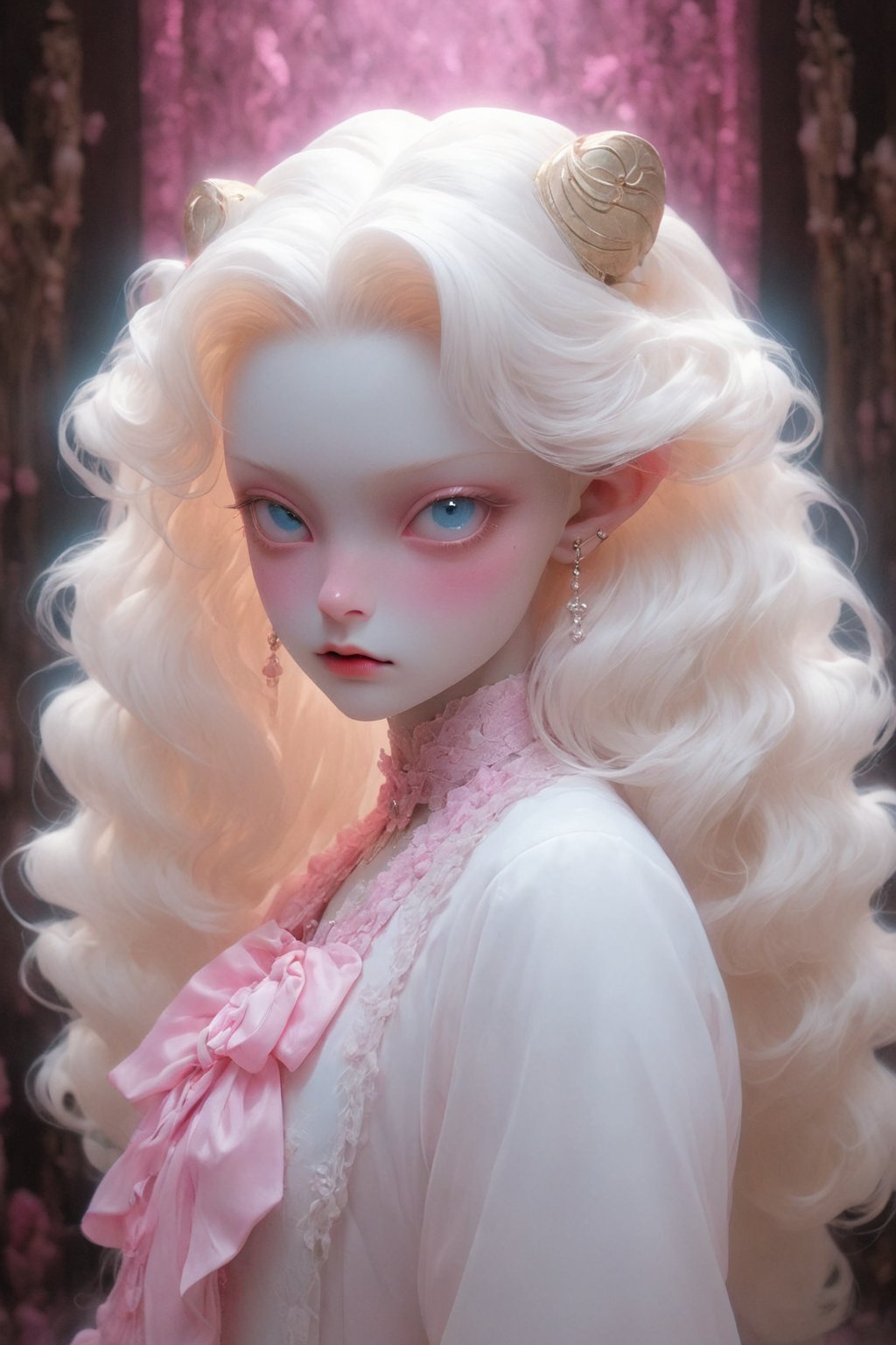 (white porcelain)  a doll , long blonde hair, blue eyes,  haunting lighting effect, character of Sailor Moondetailed, cinematic, atmospheric, digital painting, 4k resolution, (pale albino skin:1.4), (glass skin textures),  dressed in pink, sits in an indoor environment filled with pink tones. Her clothing design has a retro elementhe , and the overall atmosphere is elegant and dreamy. The main color of the environment is pink