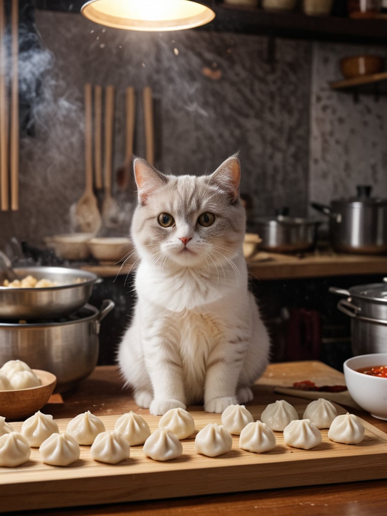 Film lighting,  movie style,  A cute cat making dumplings by user_709785131673601763 on Tensor.Art