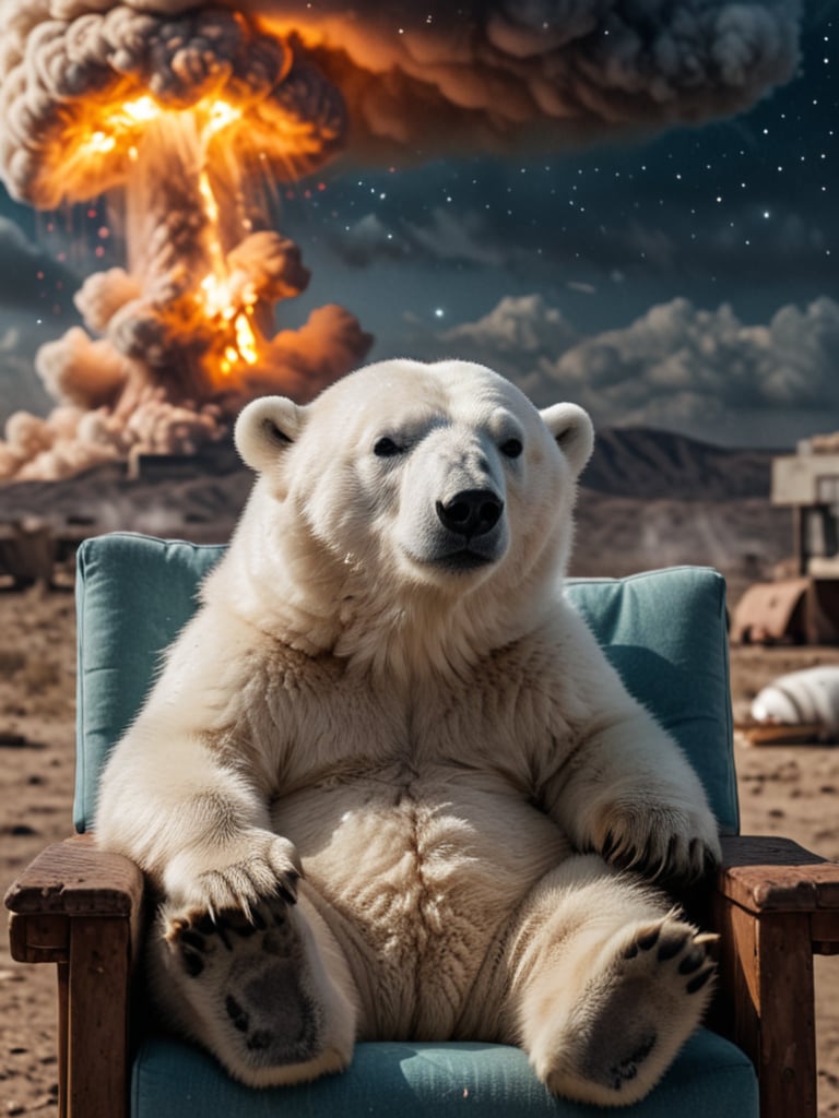a cute polar bear cub sitting on a chair. holding a drink in hand,  infront of a nuclear mushroom cloud in the far,  the e...