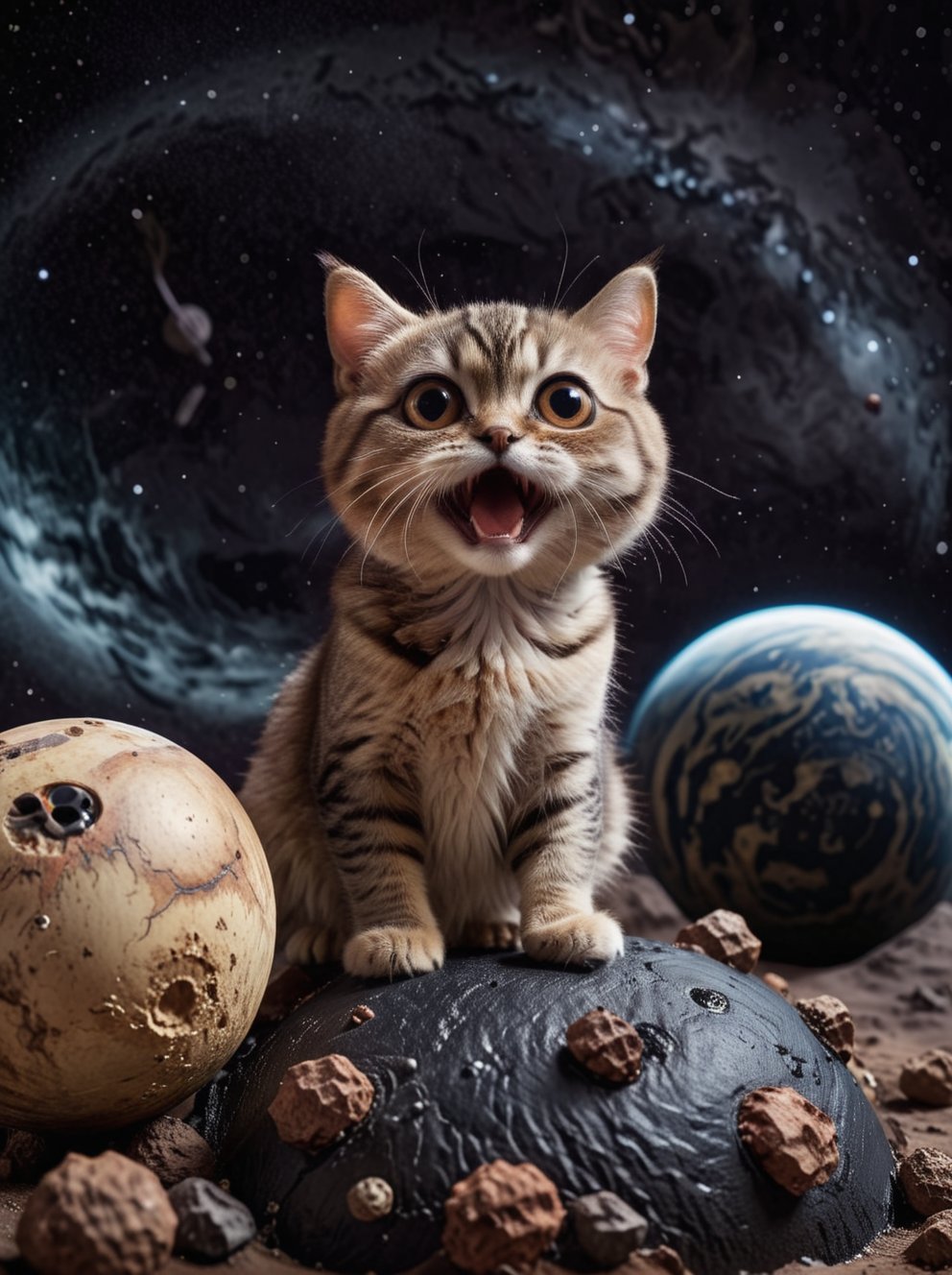 A giant, big-eyed cat is on a miniature planet, with its mouth wide open as if trying to swallow a Star Wars spaceship. The background is a dark, mysterious space.Add more details XL,<lora:659095807385103906:1.0>