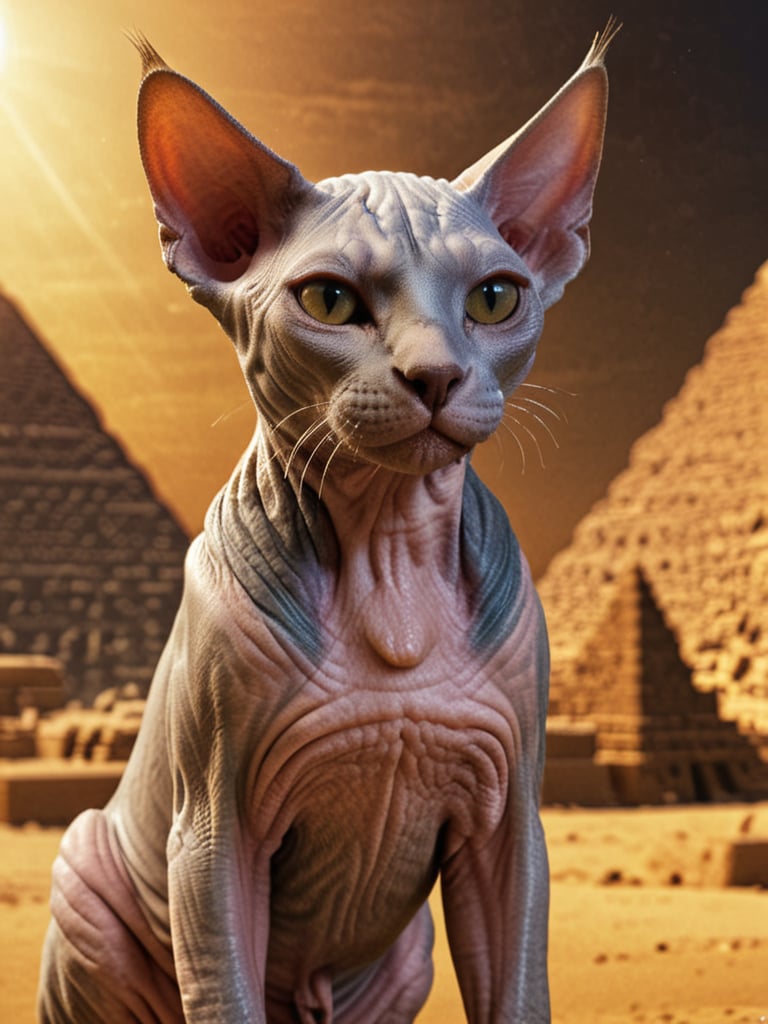 cinematic lighting, movie style,Highly detailed mysterious egyptian (sphynx cat) , skindentation:1. 2, bright eyes, ancient egypt pyramid background, photorealistic, (hyper-realistic:1.2) , cinematic, masterpiece:1. 1, 
 (Masterpiece, award-winning work) many details, extremely meticulous, high quality,  real photo shot, art composition,more detail XL,,,,,,,,,<lora:659095807385103906:1.0>