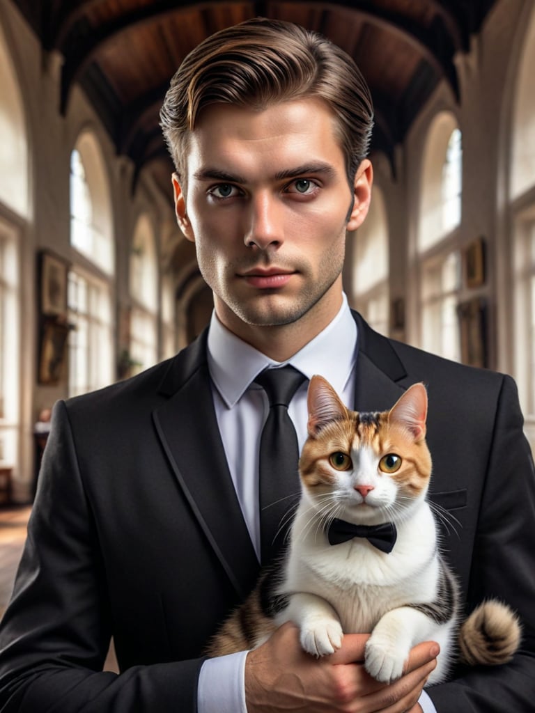 Cinematic lighting,bright natural light,Create an image of an individual with a cat head in a Black suit uniform and black tie, holding an orange and white cat with big beautiful eyes. capturing the essence of elegance and companionship between individual and pet.
photo realism, DSLR, 8k uhd, hdr, ultra-detailed, high quality, high contrast (Masterpiece, award-winning work) many details, extremely meticulous, high quality, real photo shot, art composition,more detail XL
