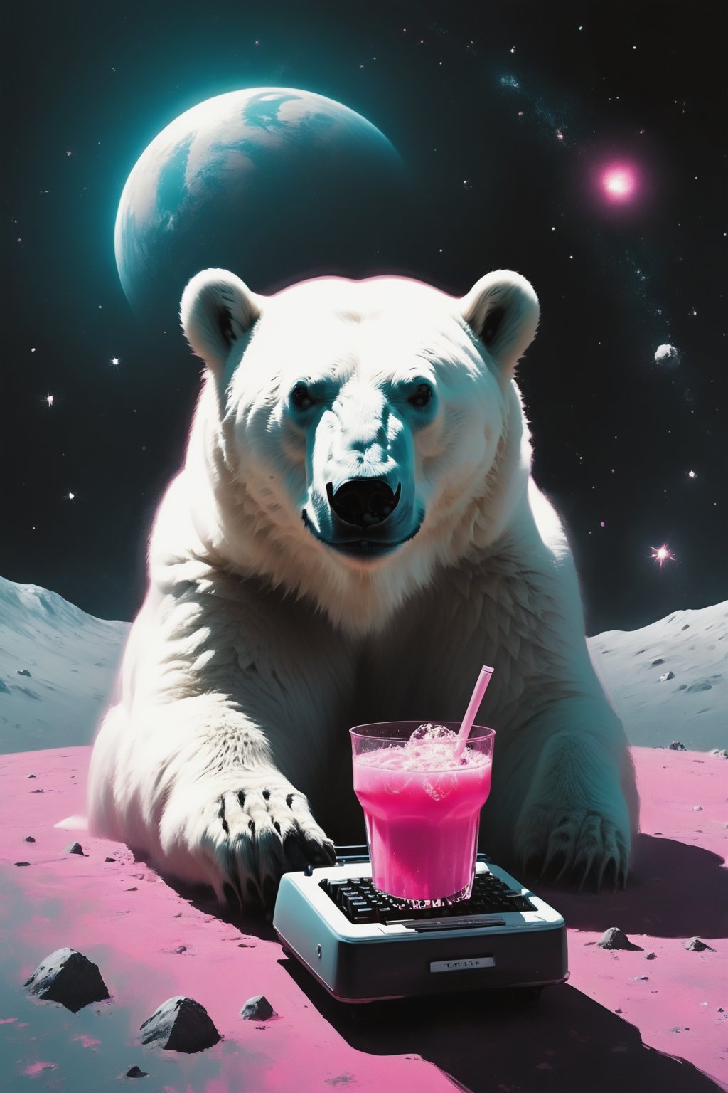 A polar bear sitting at a table and using a retro typewriter with a pink drink on the table, wide angle, long shot,on the moon.  Behind the polar bear , there's a galactic pink view of Earth from space, with the planet appearing to be exploding. The vastness of space is filled with stars, explosion fragments, and the moon's surface is dotted with rocks and craters., photo,full body,long shot, wide angle