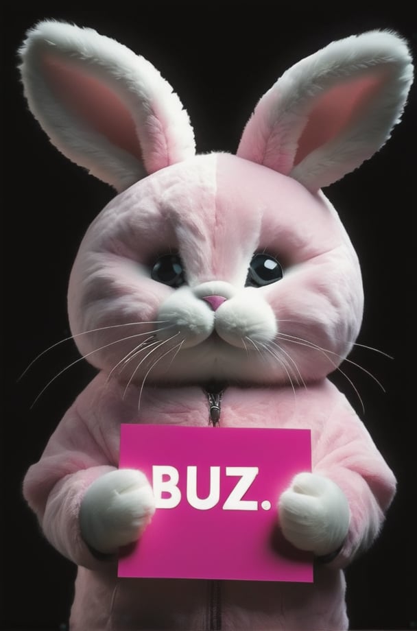 Realistic photograph of a cute cat in comically fitting beautiful pink Bunny-costume-, (holding sign with text ), in the style of, meticulous details, ultimate photo-realistic, still life, (holding sign that reads "fix buzz plz" ), david teniers the younger, charming character illustrations, use of screen tones, 32k, subsurface scattering, Photo realism, Hyper-realistic, analog style, realistic, film photography, soft lighting, heavy 