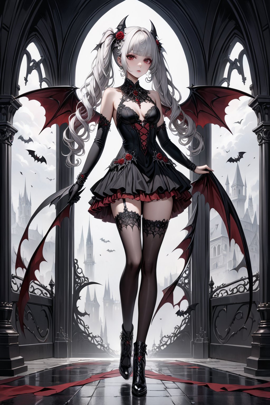 (masterpiece,ultra detailed,high-quality,8k,professional,UHD,)Gothic theme, dark theme, gothic makeup,hair ornaments, long white hair,(blunt  bangs, curly hair,twin ponytails),red eyes,ruby-like eyes , full body,A  girl,standing ,She is dressed in a revealing, intricately designed black outfit adorned with thorn-like patterns, Dark, bat-like wings extend from her back, 
Hand holding shotgun and shooting