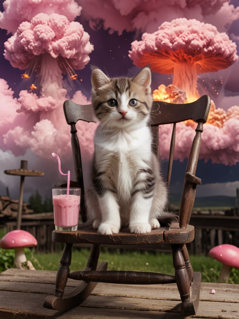 Film lighting,  A cute kitten sits on an old-fashioned wooden rocking chair,  holding a cup of pink drink. Behind the cat...
