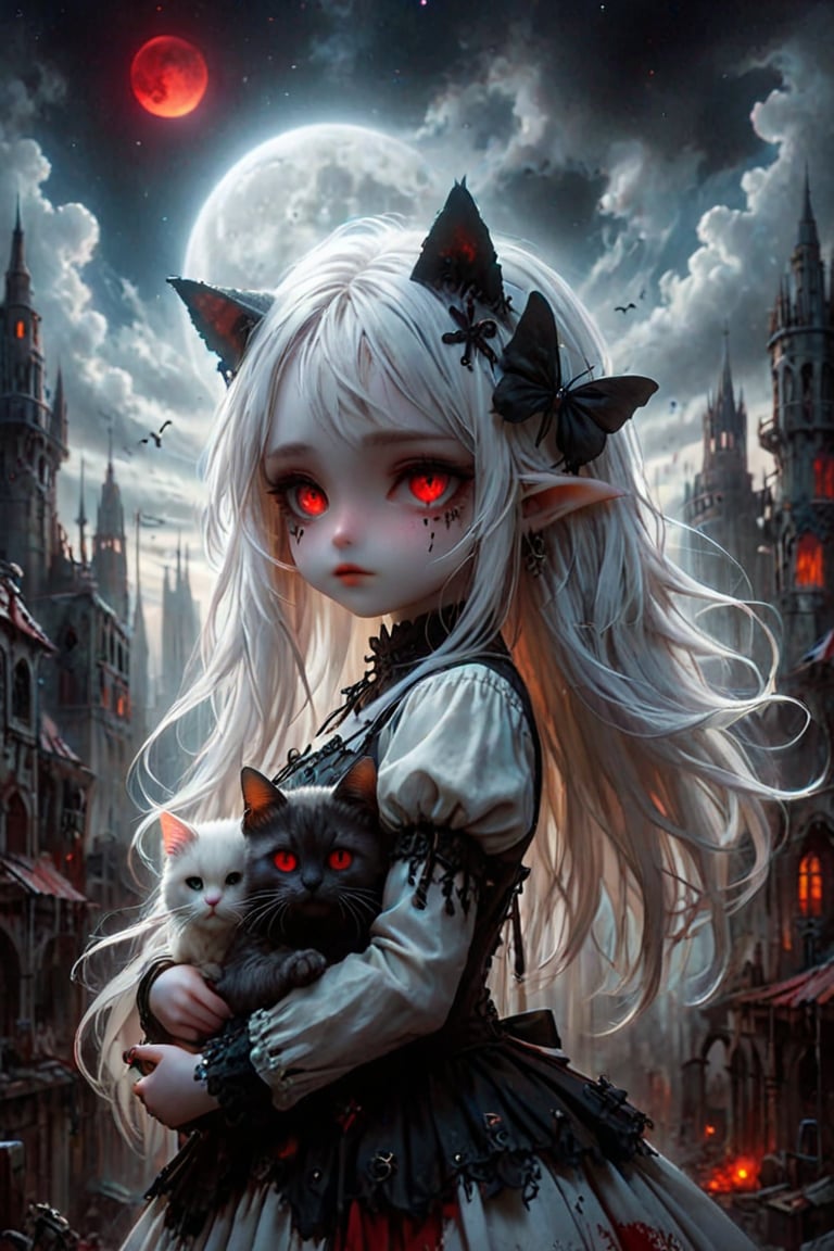 A cybernetic gothic girl ,a ruined cityscape,very long white hair flowing in the wind . red eyes glow like red rubies,  The full moon ,chibi doll,holding a cat